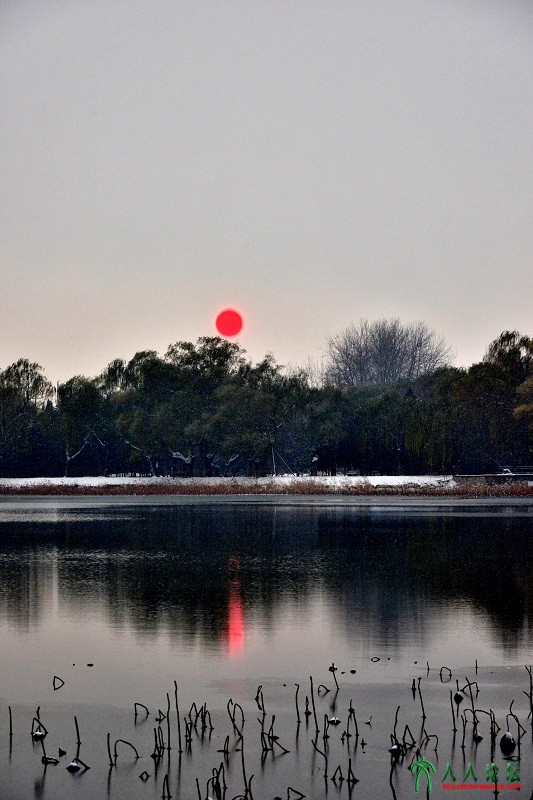 下雪天突然出现的落日。