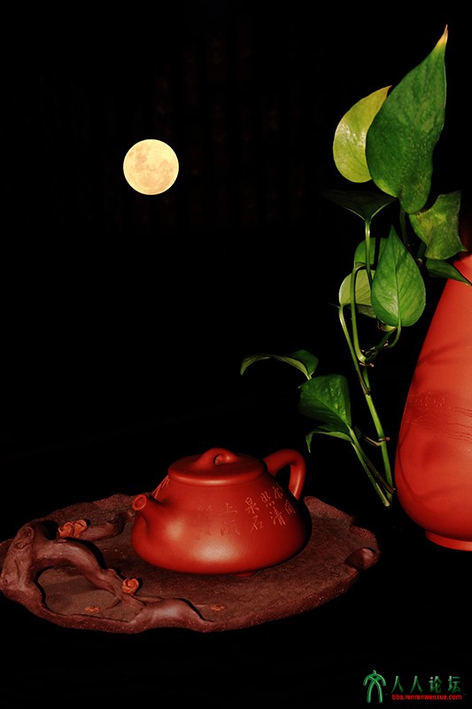 《圆月茶香》幽美茶具圆月当空，意境无限圆月饮茶香。